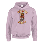 Chicleteira Bicicleteira print on a light pink pullover hoodie, front view