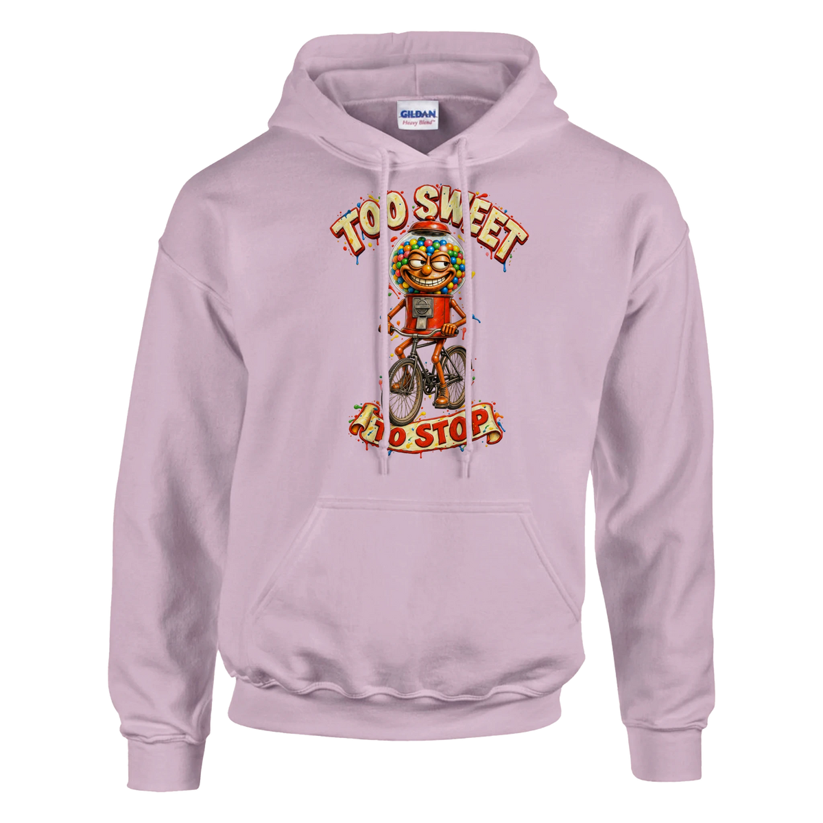 Chicleteira Bicicleteira print on a light pink pullover hoodie, front view