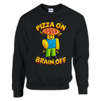 Noobini Pizzanini print on a black crewneck sweatshirt, front view