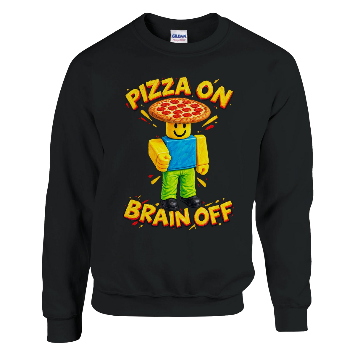 Noobini Pizzanini print on a black crewneck sweatshirt, front view