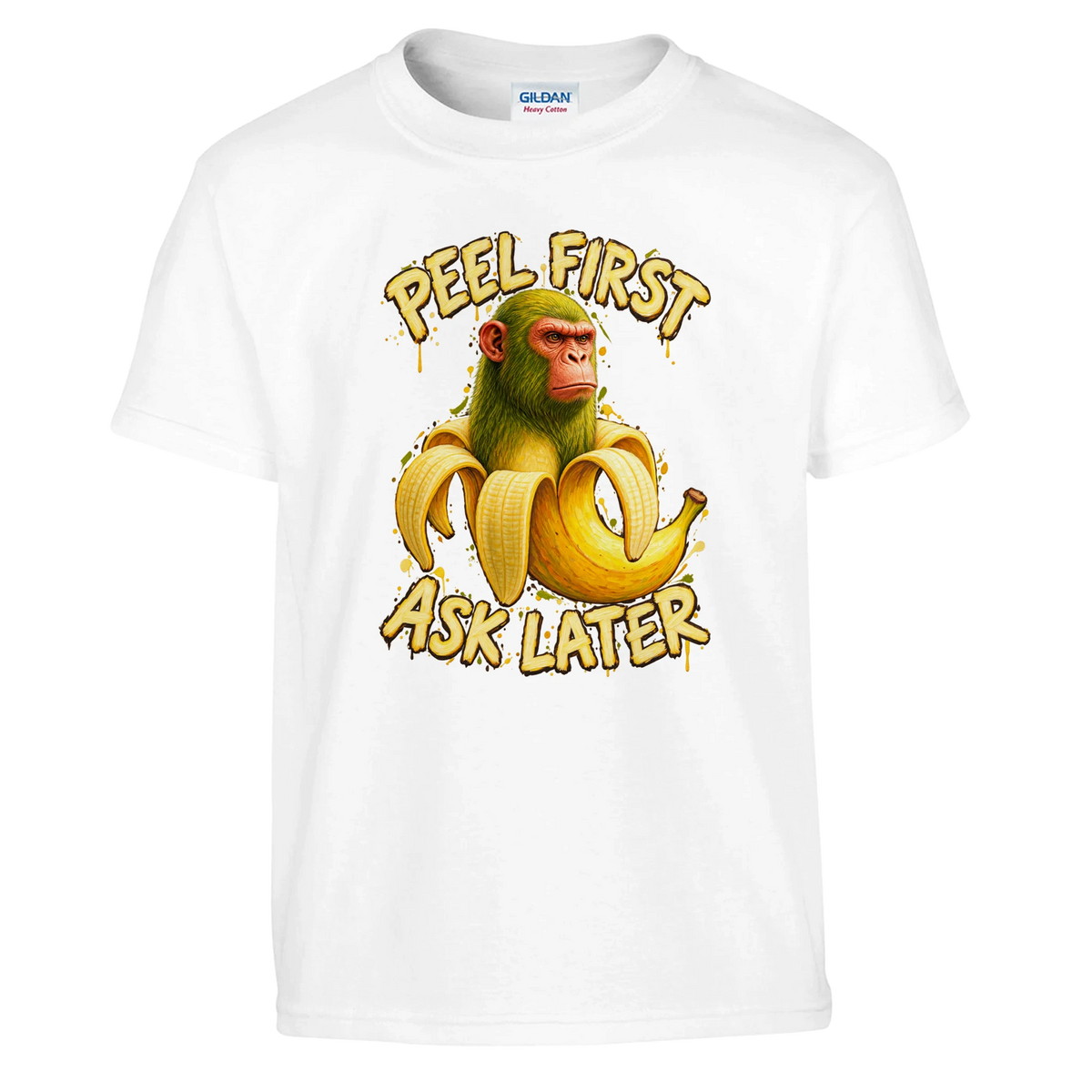 Chimpanzini Bananini print on a white kids t-shirt, front view