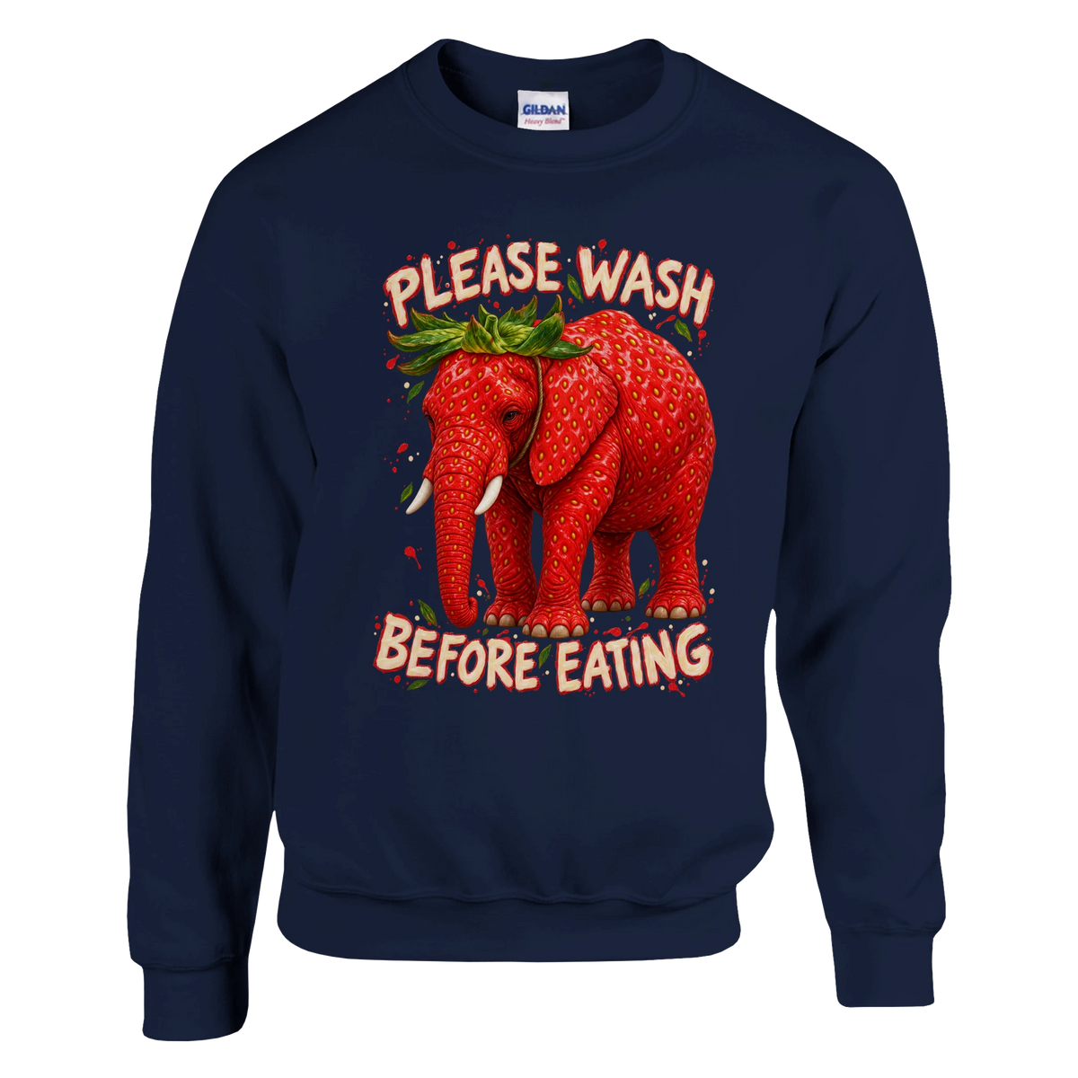 Strawberry Elephant print on a navy crewneck sweatshirt, front view