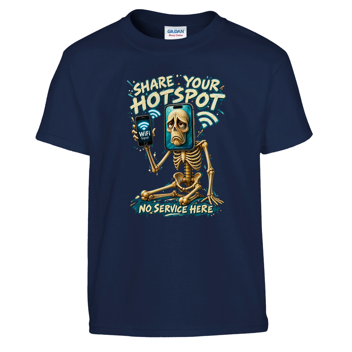 Pot Hotspot print on a navy kids t-shirt, front view