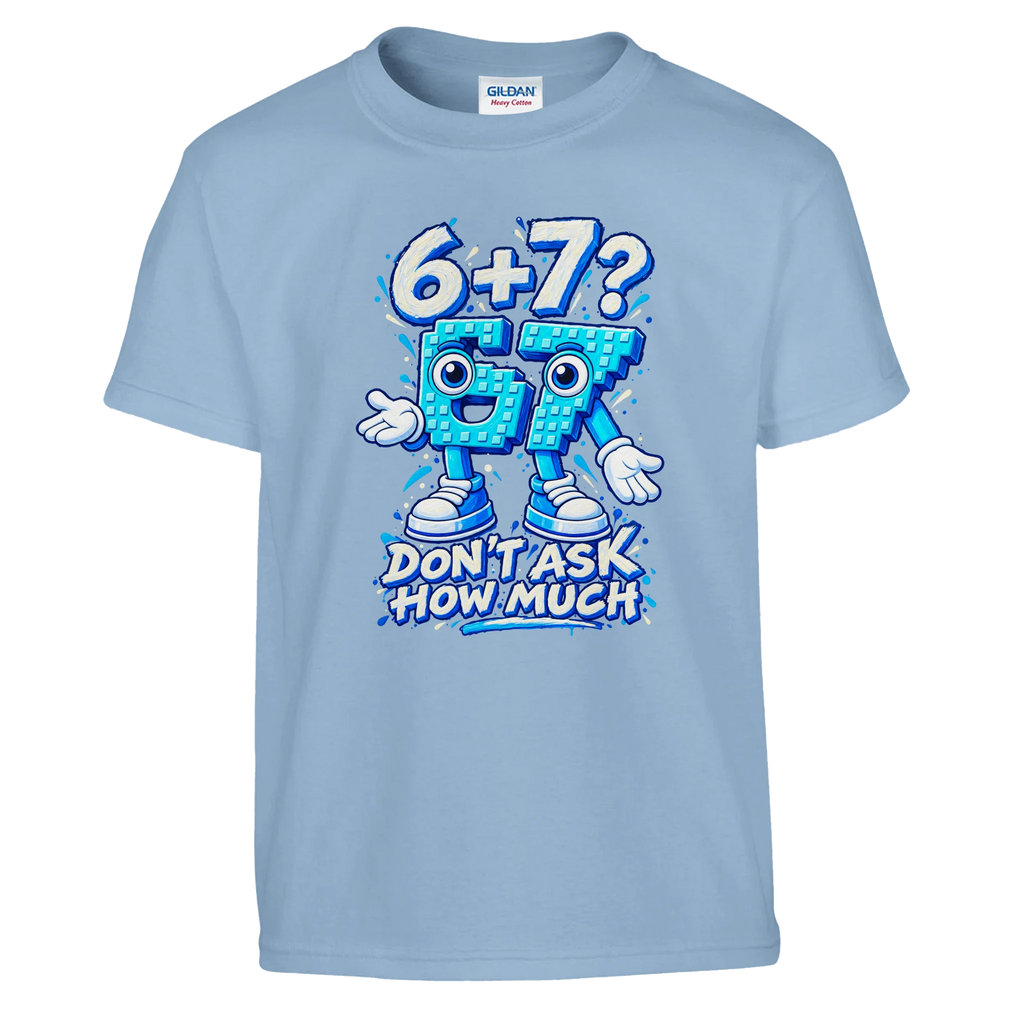 67 print on a light blue kids t-shirt, front view
