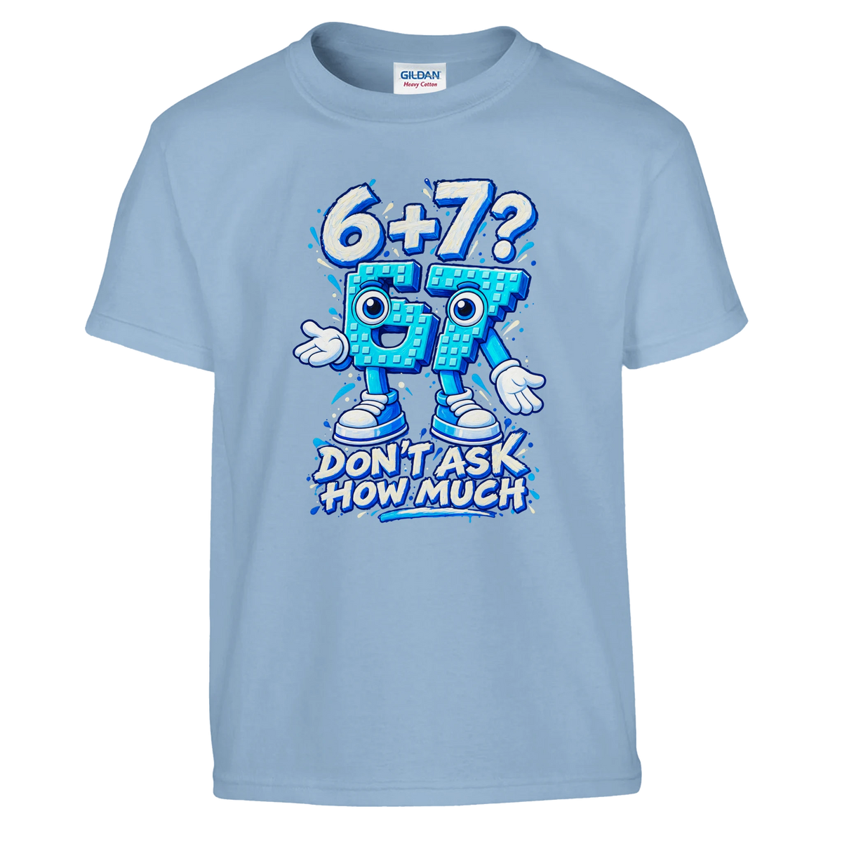 67 print on a light blue kids t-shirt, front view