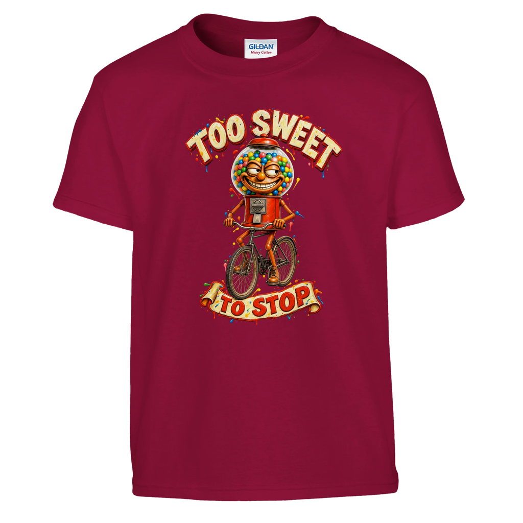 Chicleteira Bicicleteira print on a cardinal red kids t-shirt, front view
