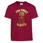 Chicleteira Bicicleteira print on a cardinal red kids t-shirt, front view