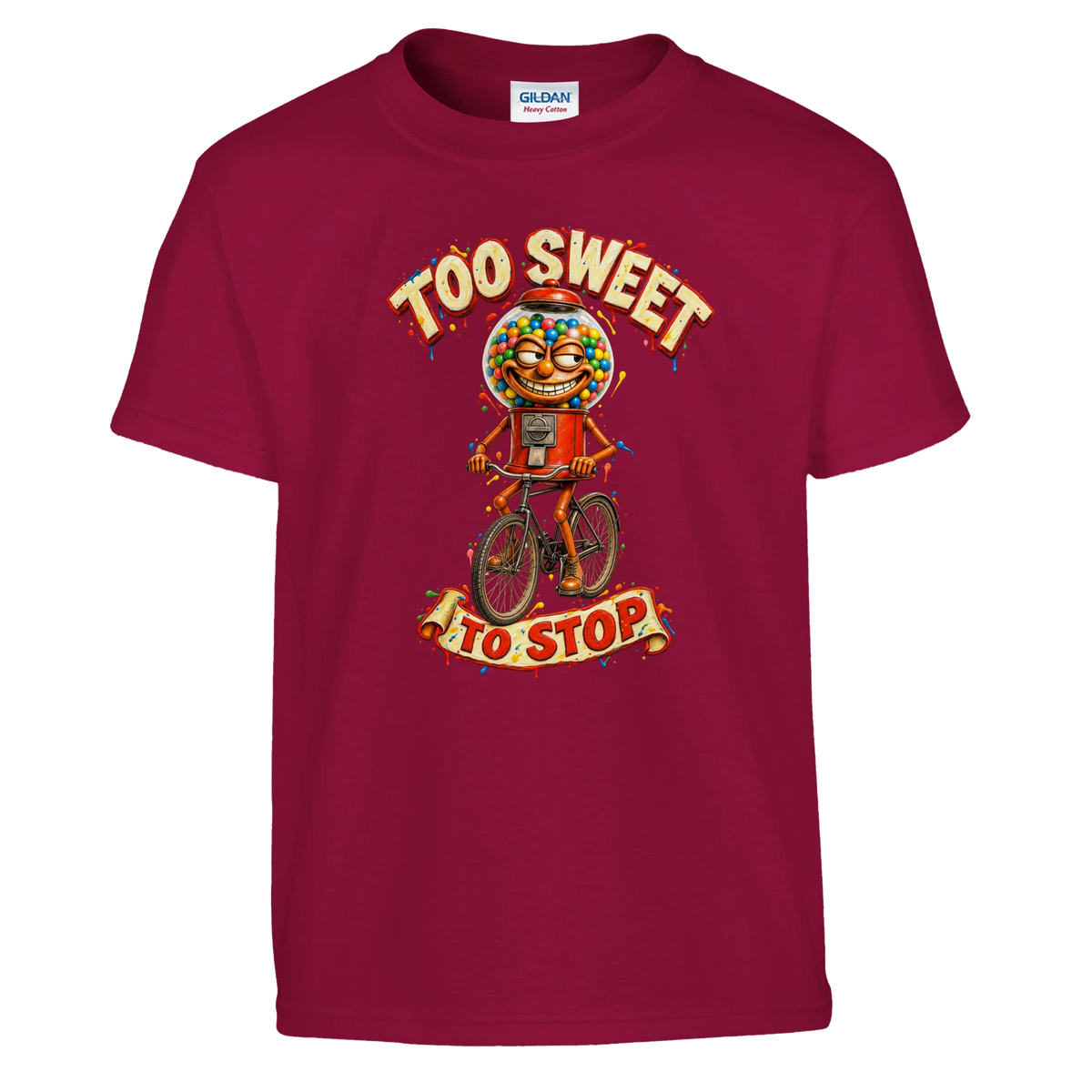 Chicleteira Bicicleteira print on a cardinal red kids t-shirt, front view