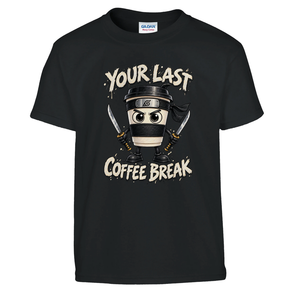 Cappuccino Assassino print on a black kids t-shirt, front view
