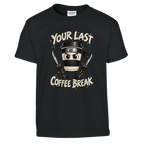 Cappuccino Assassino print on a black kids t-shirt, front view