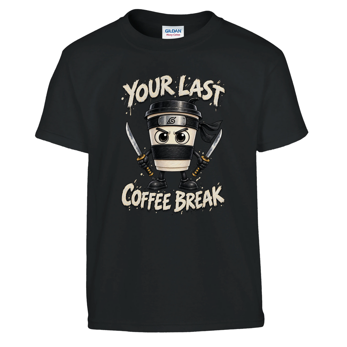 Cappuccino Assassino print on a black kids t-shirt, front view