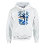 Tralalero Tralala print on a white pullover hoodie, front view
