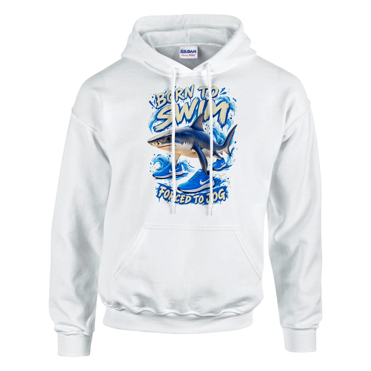 Tralalero Tralala print on a white pullover hoodie, front view