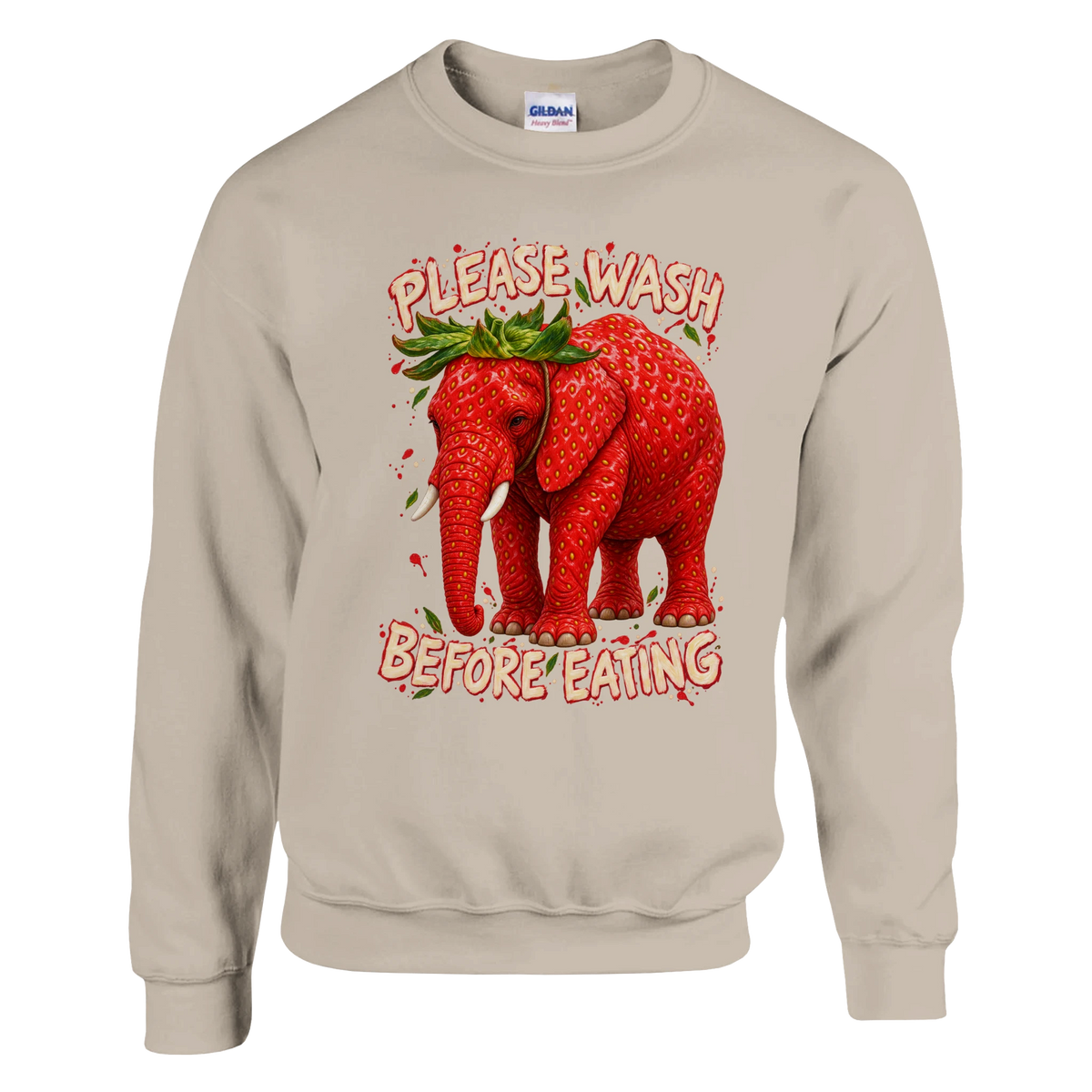 Strawberry Elephant print on a sand crewneck sweatshirt, front view