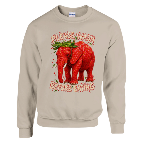 Strawberry Elephant print on a sand crewneck sweatshirt, front view