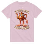 Light Pink t-shirt printed with Ta Ta Ta Sahur and the words Do not open, steam inside, front view