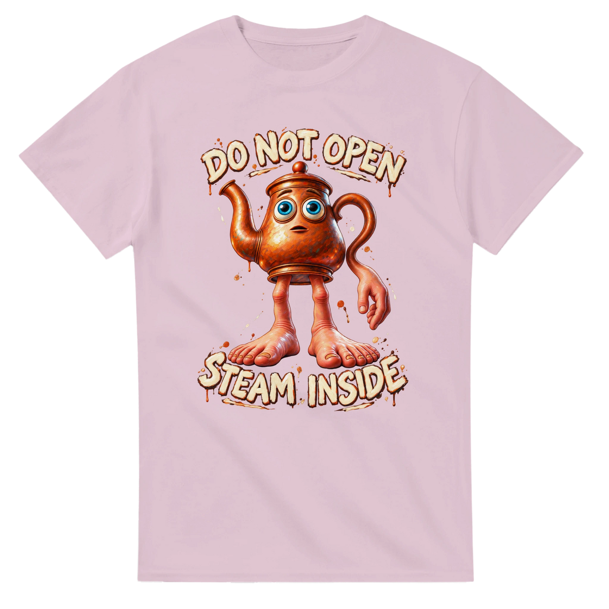 Light Pink t-shirt printed with Ta Ta Ta Sahur and the words Do not open, steam inside, front view