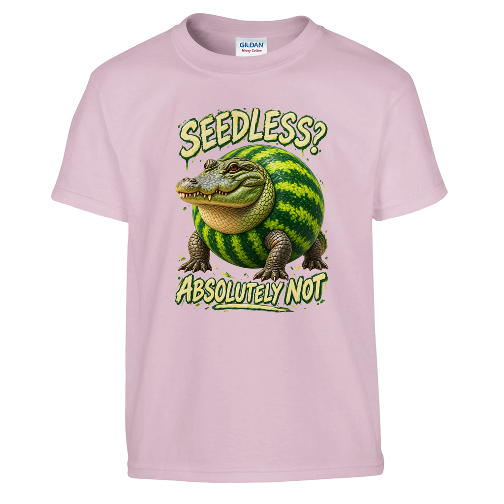 Glorbo Fruttodrillo print on a light pink kids t-shirt, front view