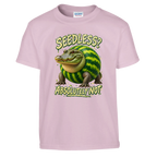 Glorbo Fruttodrillo print on a light pink kids t-shirt, front view
