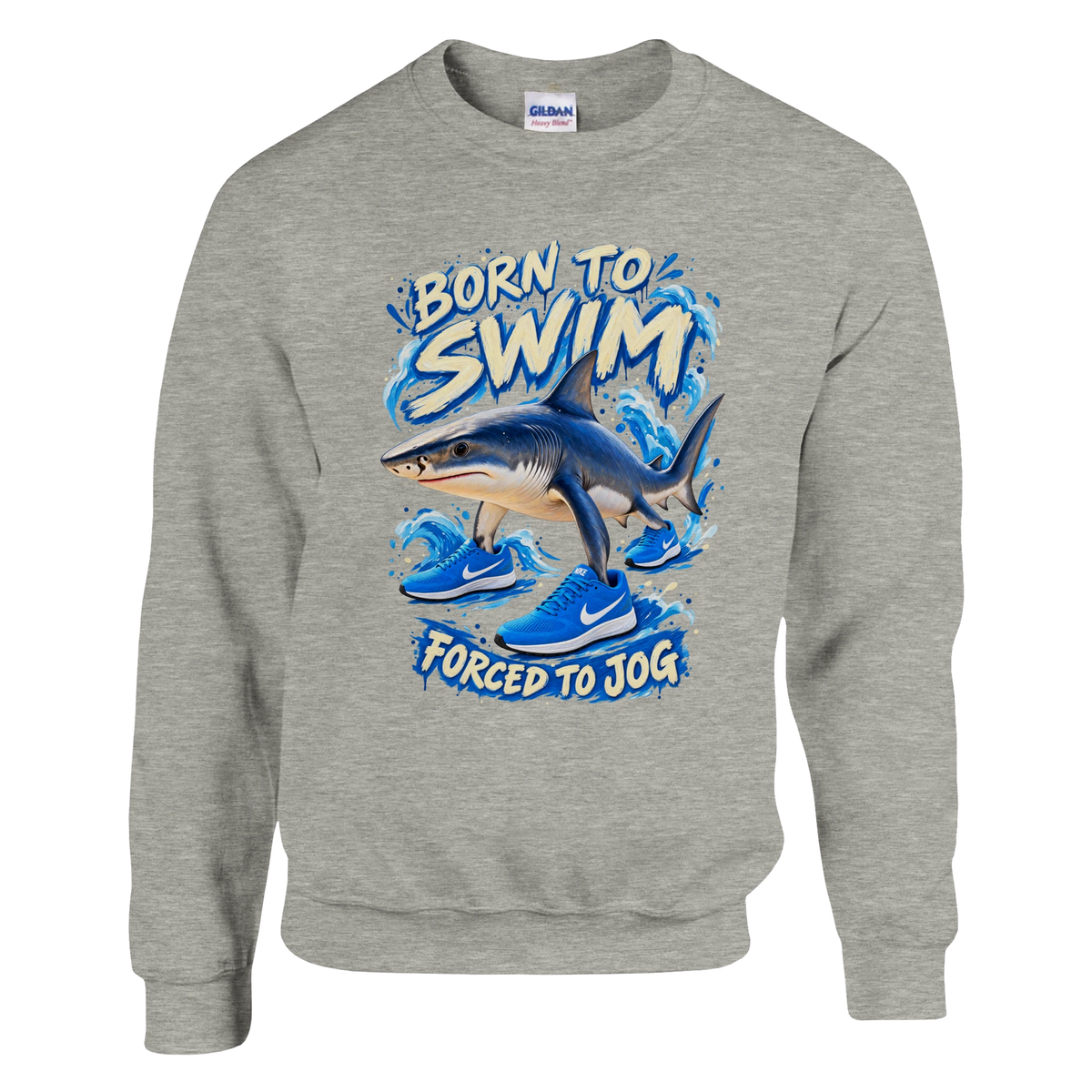 Tralalero Tralala print on an ash grey crewneck sweatshirt, front view