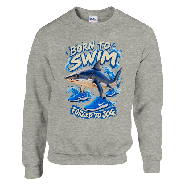 Tralalero Tralala print on an ash grey crewneck sweatshirt, front view
