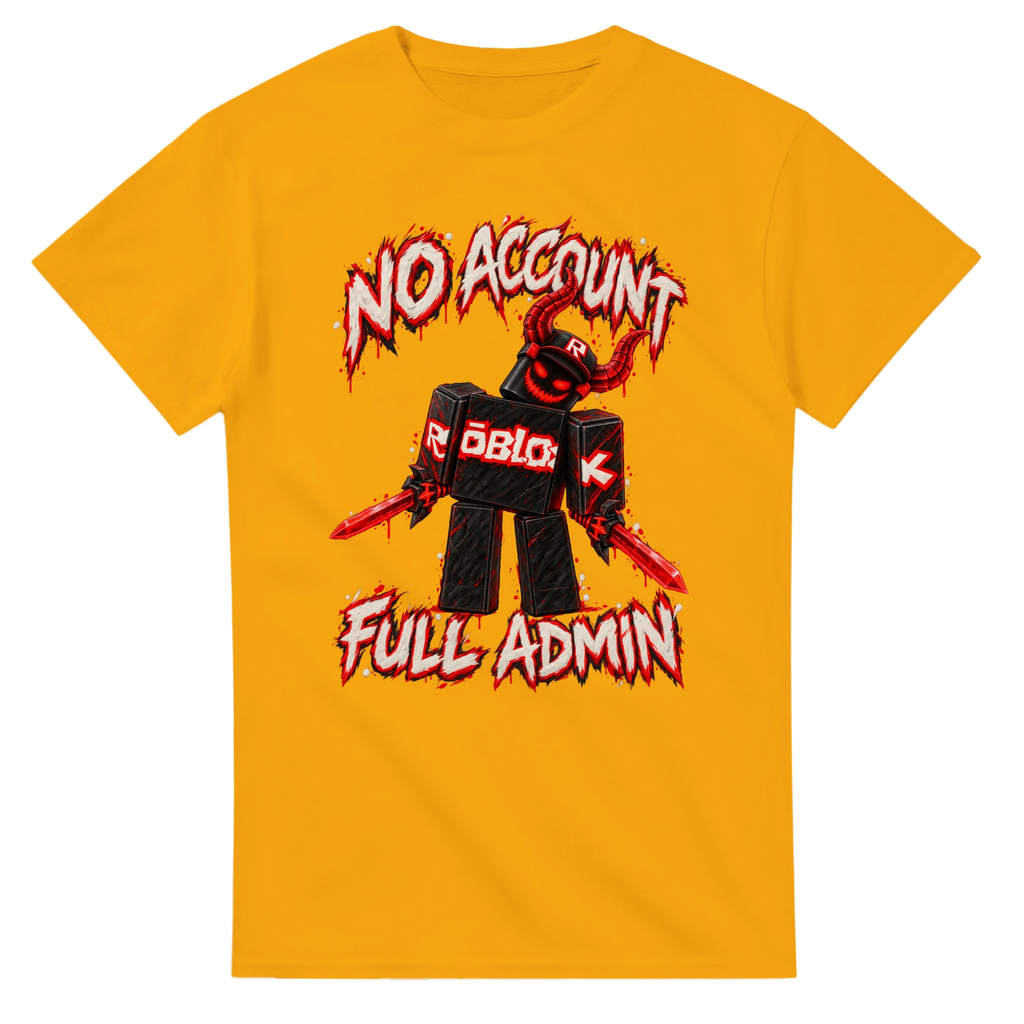 Gold t-shirt printed with Guest 666 and the words No account, full admin, front view