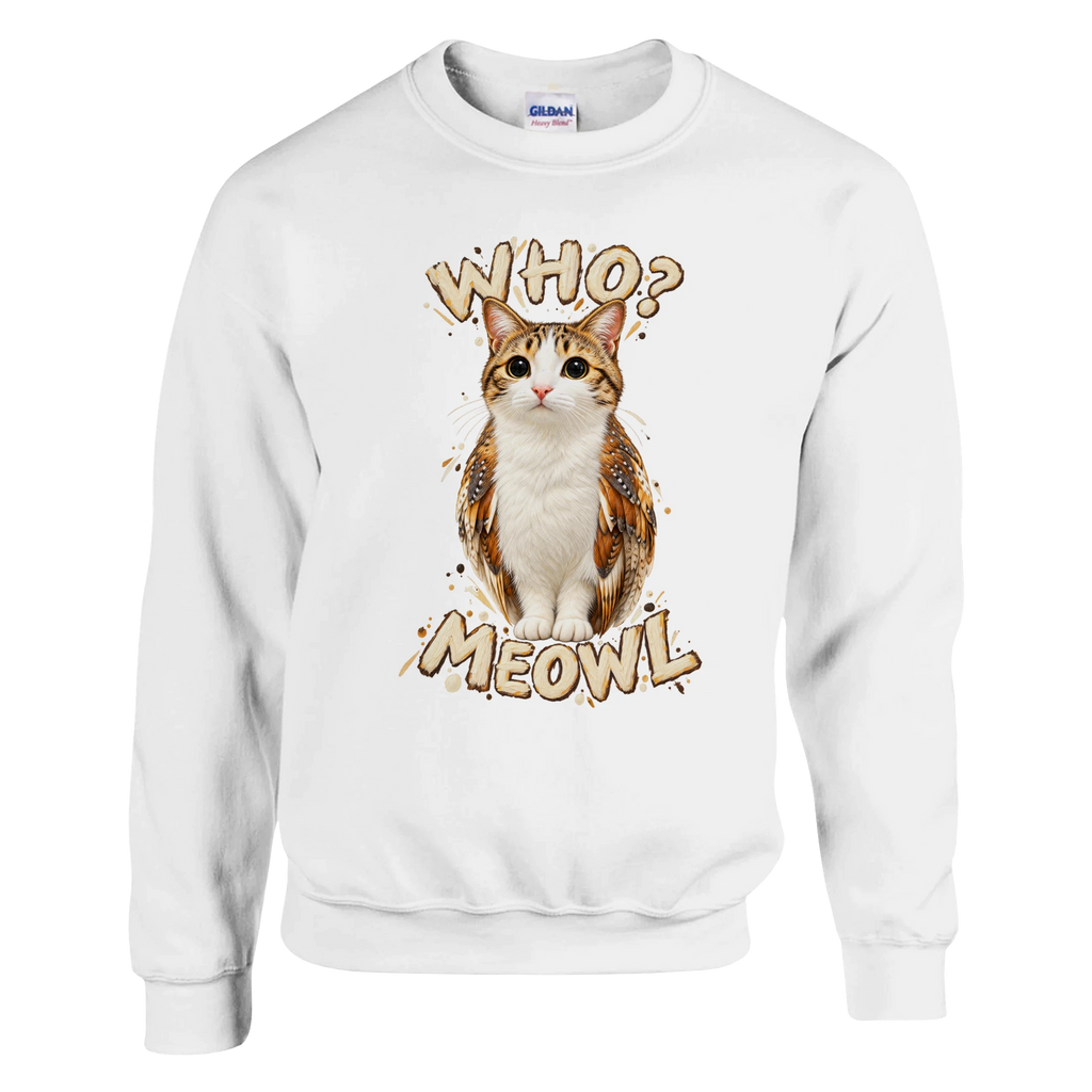 Meowl print on a white crewneck sweatshirt, front view