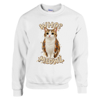 Meowl print on a white crewneck sweatshirt, front view