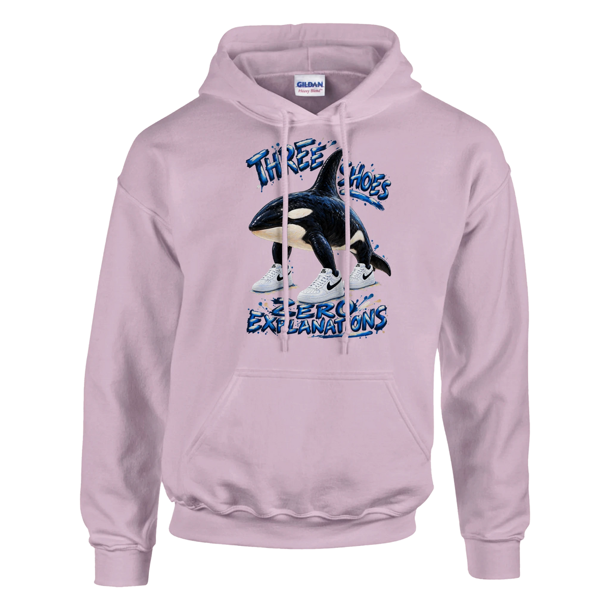 Orcalero Orcala print on a light pink pullover hoodie, front view