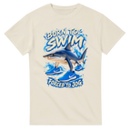 Natural t-shirt printed with Tralalero Tralala and the words Born to swim, forced to jog, front view
