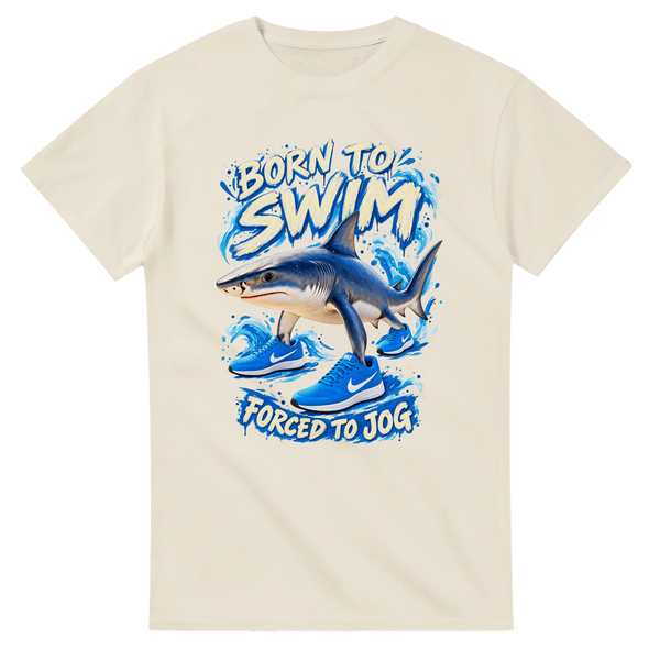 Natural t-shirt printed with Tralalero Tralala and the words Born to swim, forced to jog, front view