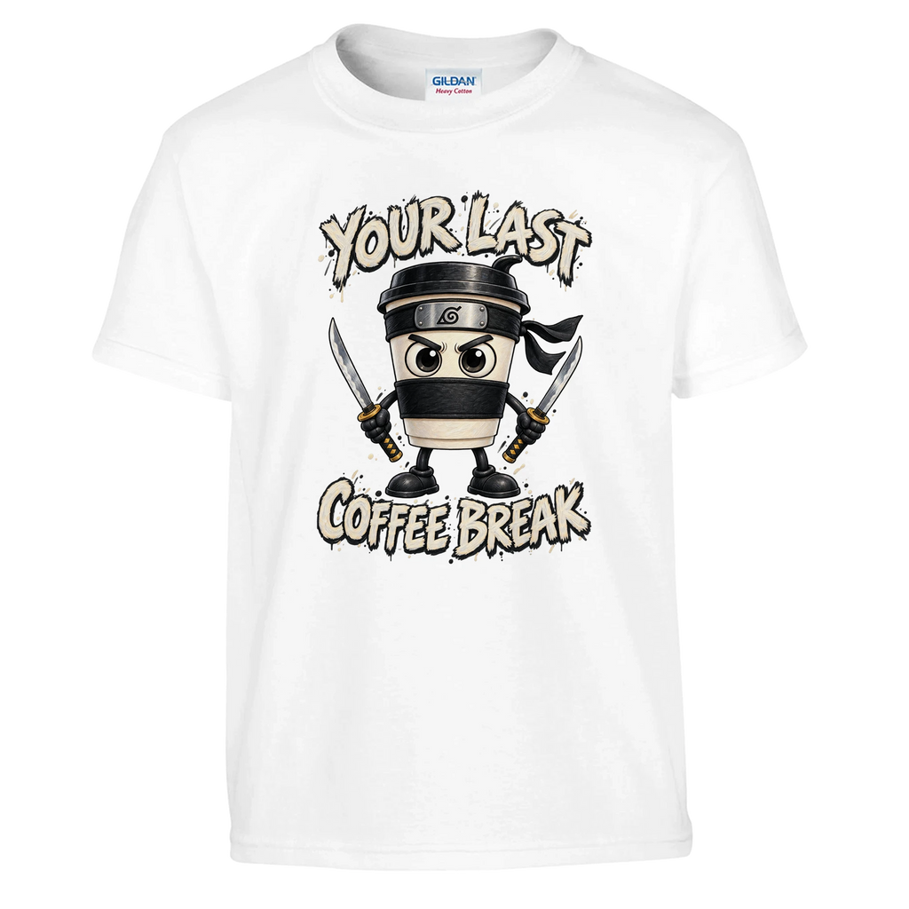 Cappuccino Assassino print on a white kids t-shirt, front view