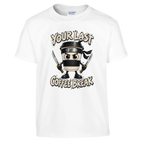 Cappuccino Assassino print on a white kids t-shirt, front view