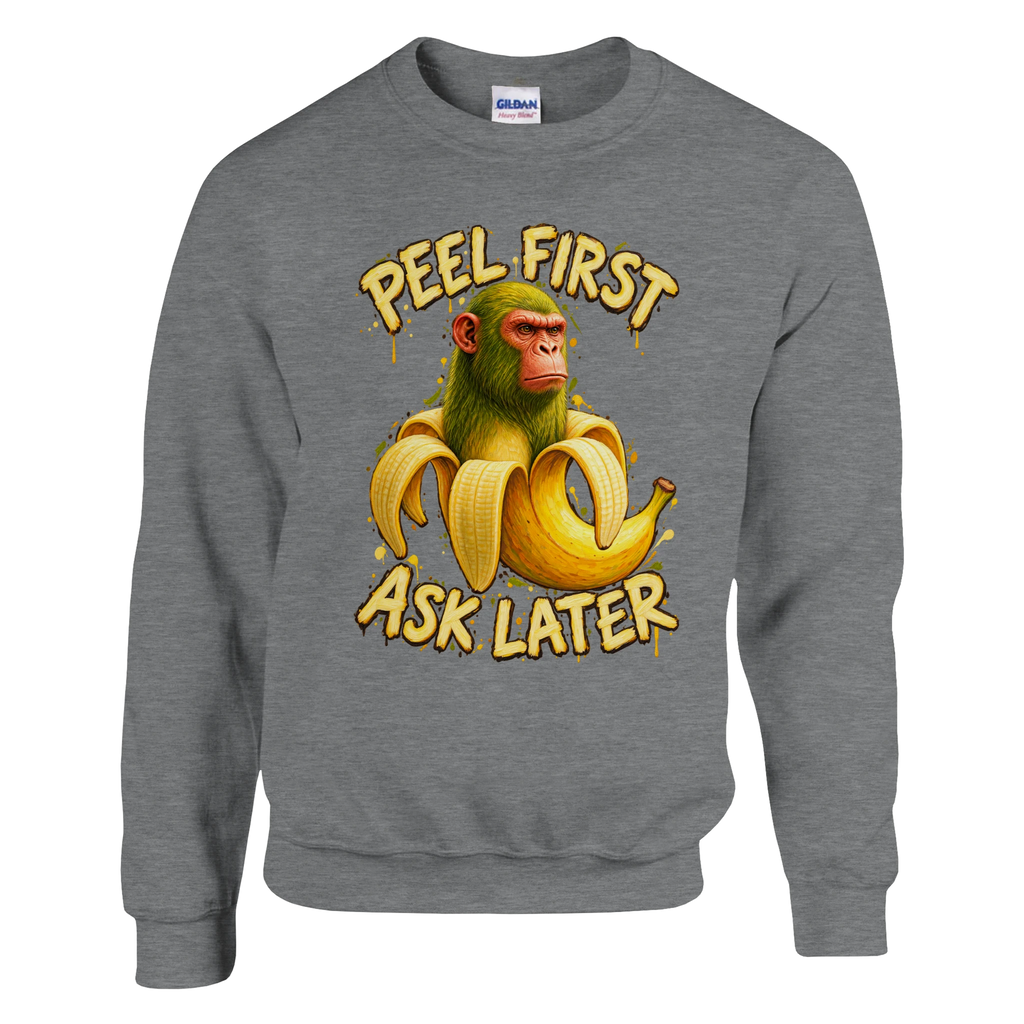 Chimpanzini Bananini print on a sport grey crewneck sweatshirt, front view