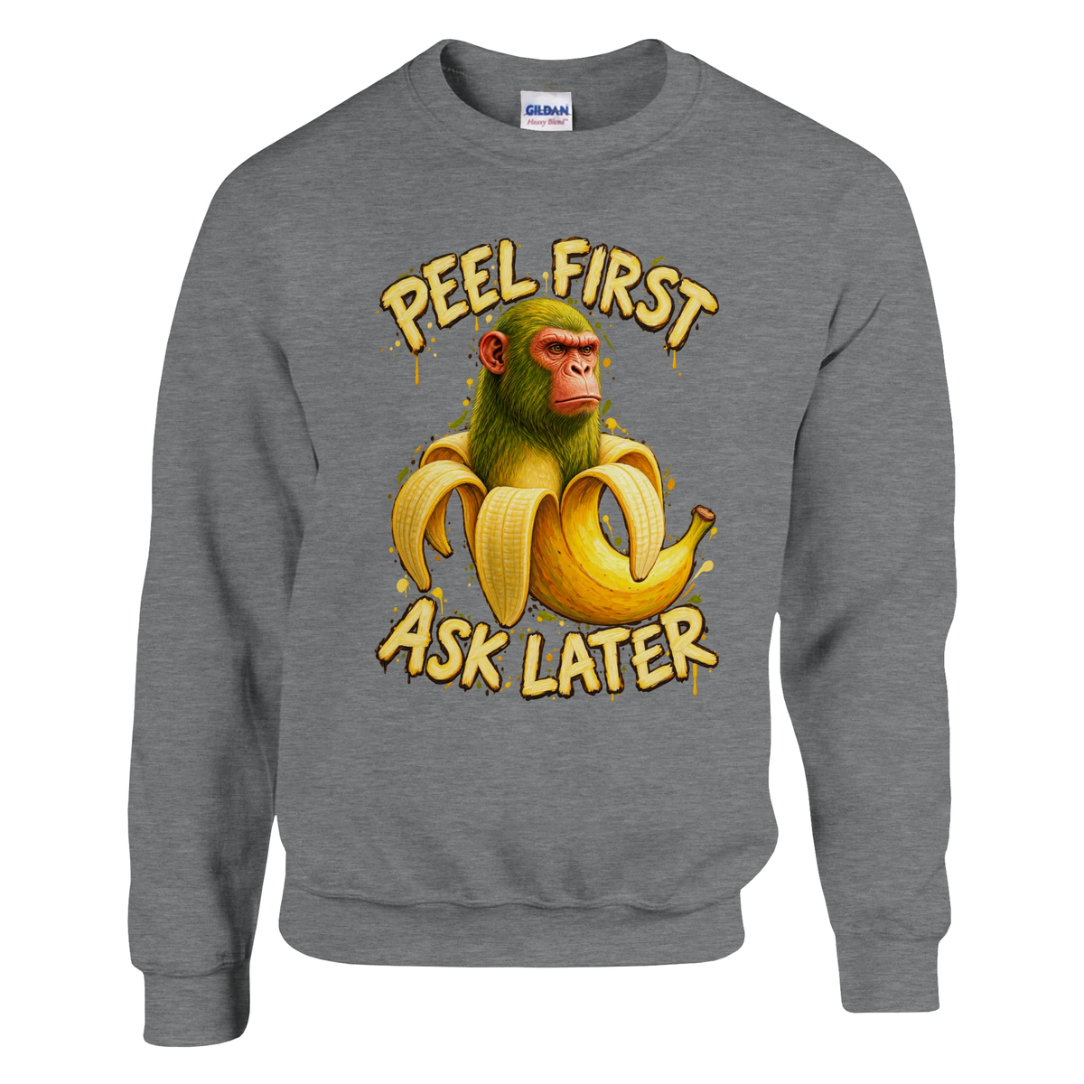 Chimpanzini Bananini print on a sport grey crewneck sweatshirt, front view