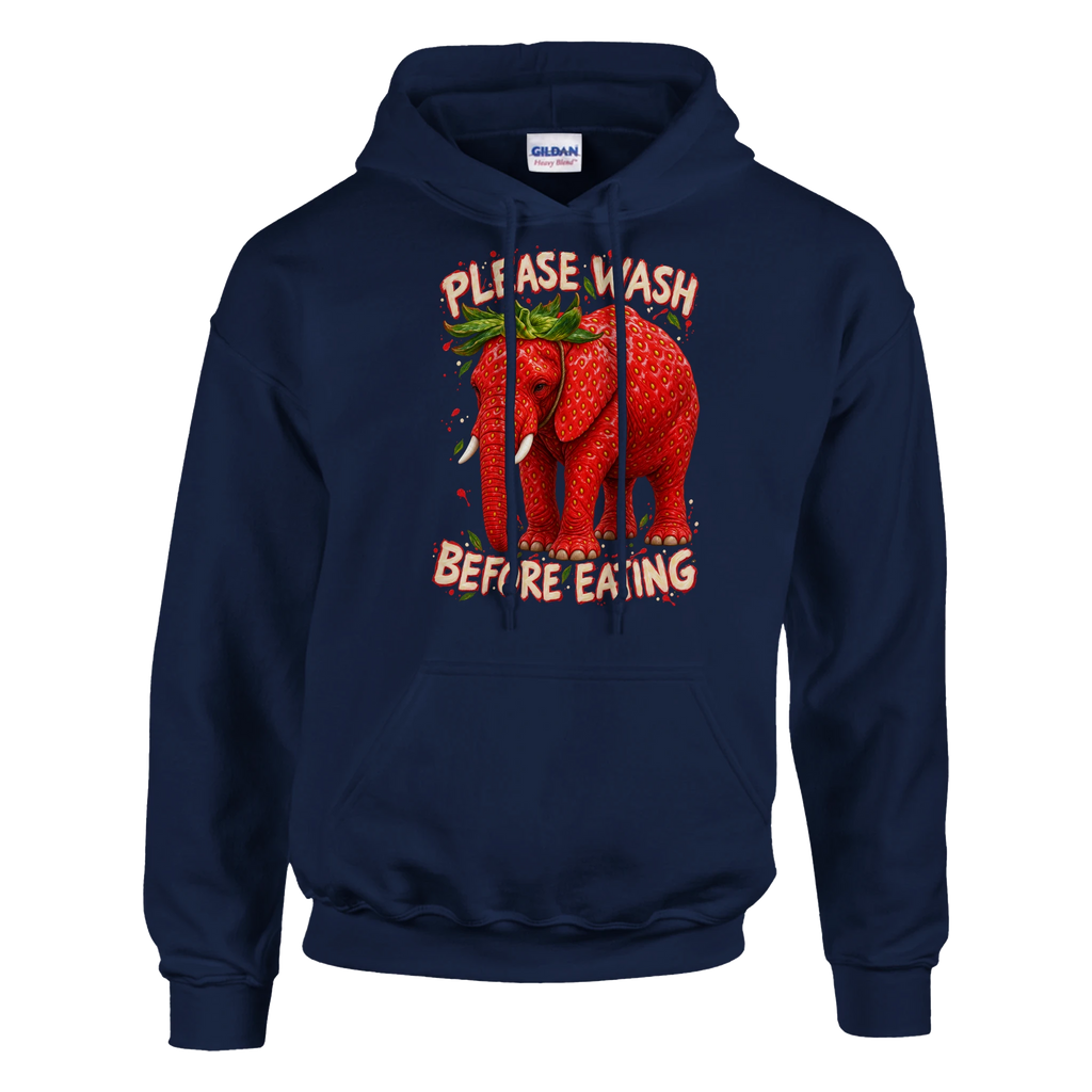 Strawberry Elephant print on a navy pullover hoodie, front view