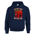 Strawberry Elephant print on a navy pullover hoodie, front view