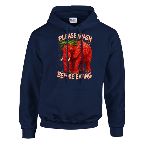 Strawberry Elephant print on a navy pullover hoodie, front view