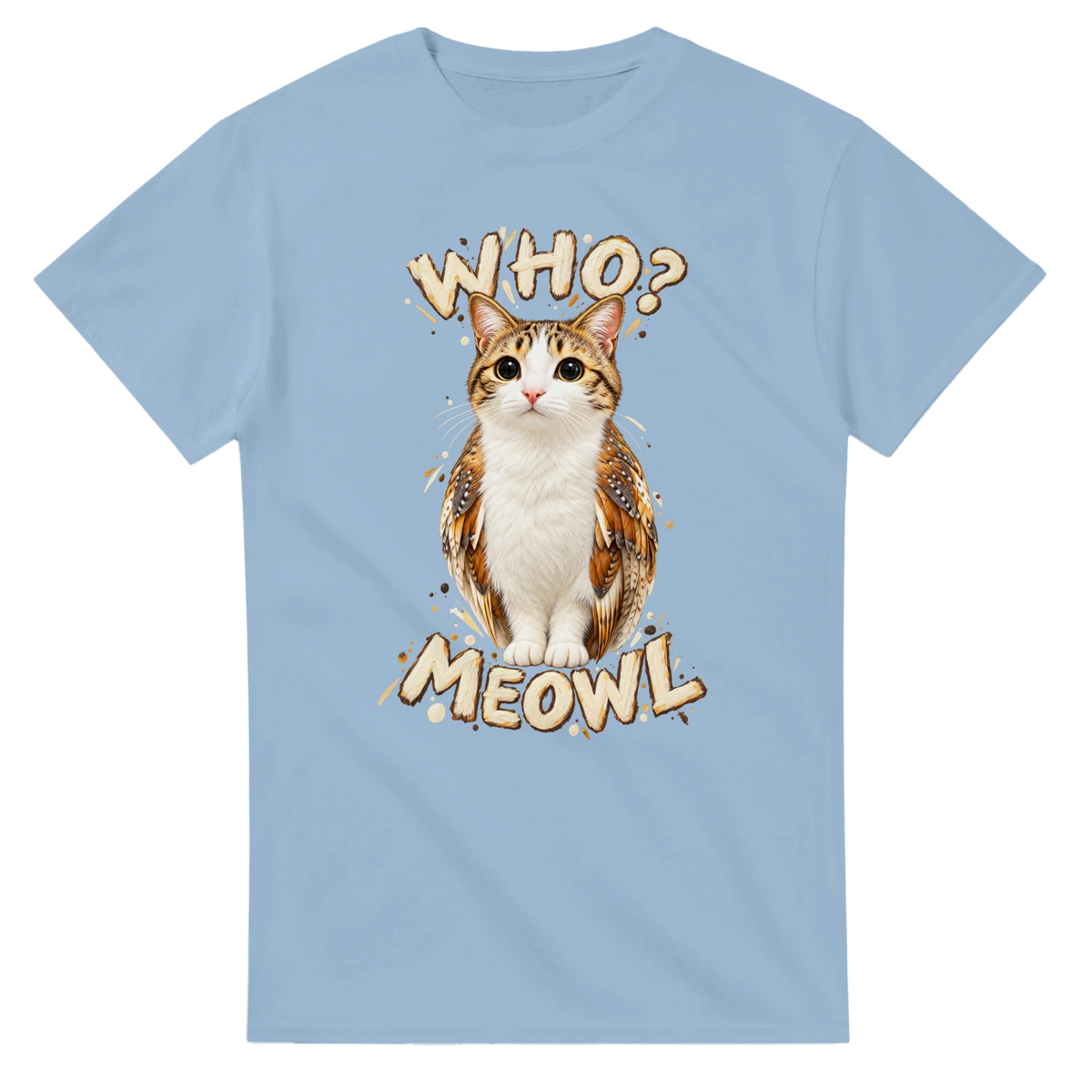 Light Blue t-shirt printed with Meowl and the words Who? Meowl, front view