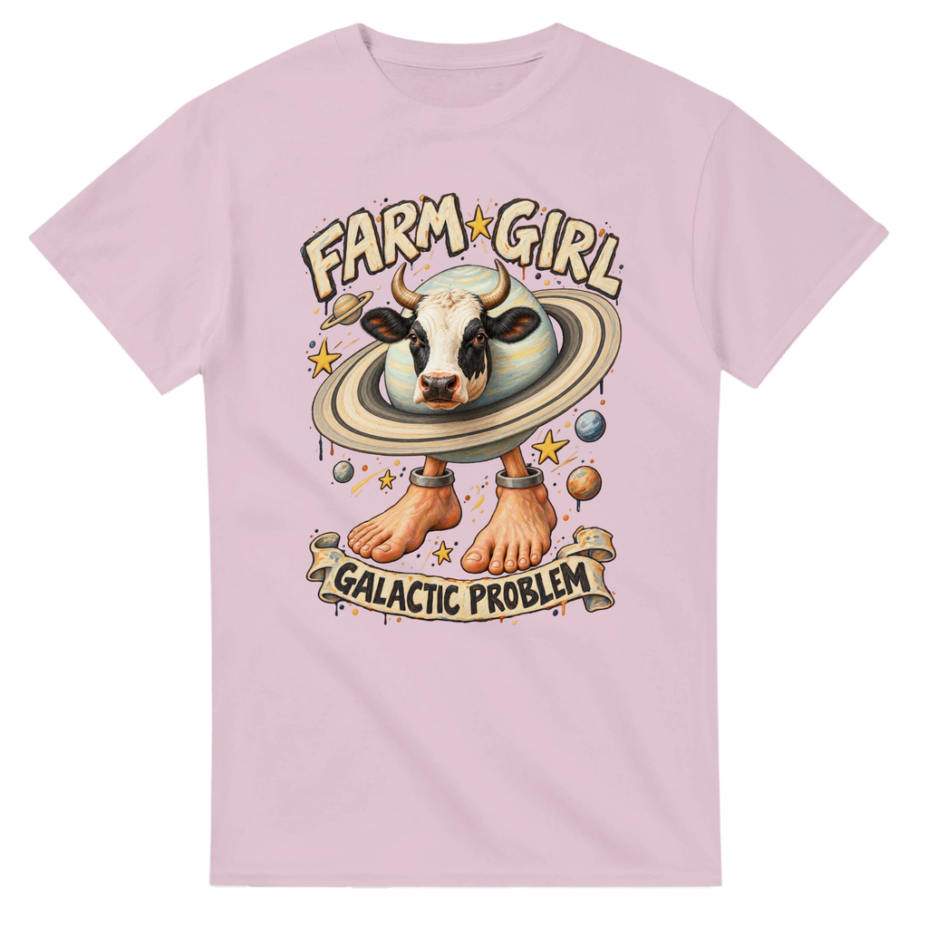 Light Pink t-shirt printed with La Vaca Saturno Saturnita and the words Farm girl, galactic problem, front view
