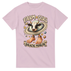 Light Pink t-shirt printed with La Vaca Saturno Saturnita and the words Farm girl, galactic problem, front view