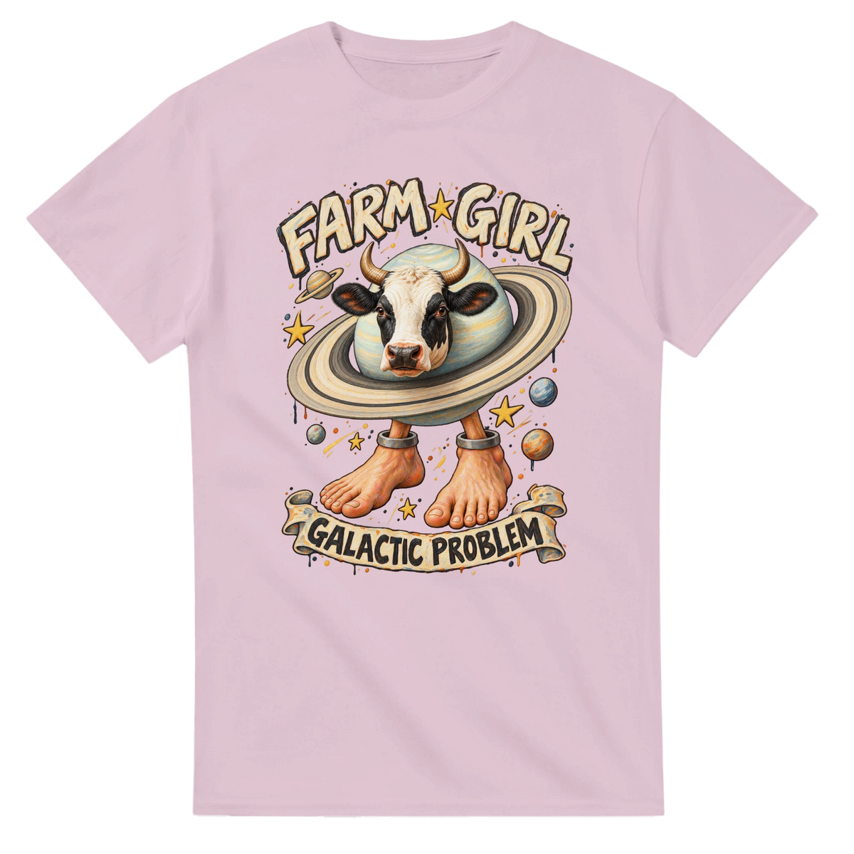 Light Pink t-shirt printed with La Vaca Saturno Saturnita and the words Farm girl, galactic problem, front view