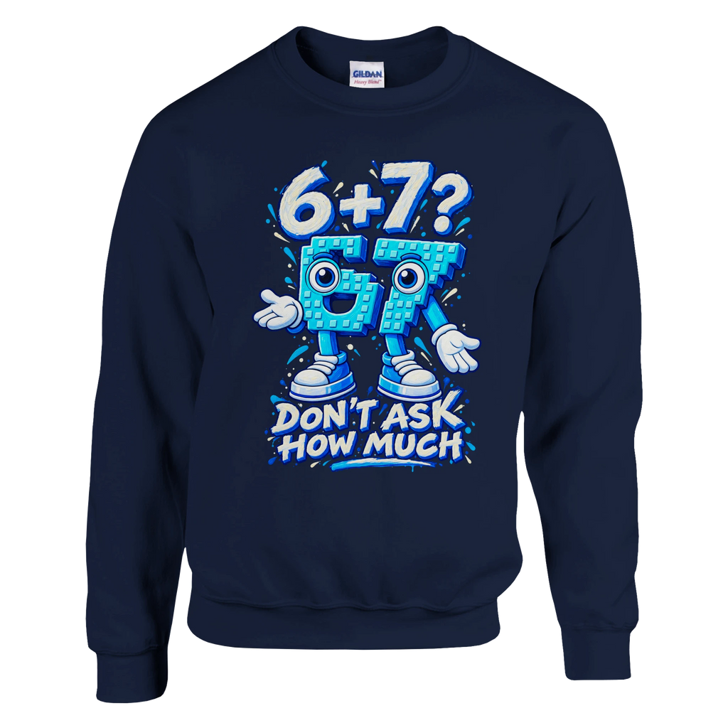 67 print on a navy crewneck sweatshirt, front view