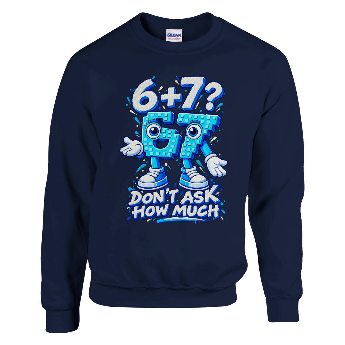 67 print on a navy crewneck sweatshirt, front view