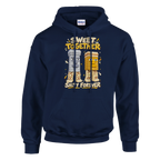Garama and Madundung print on a navy pullover hoodie, front view