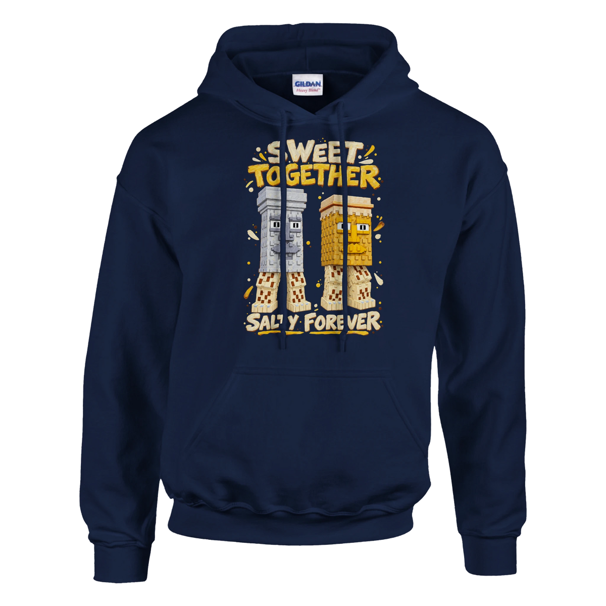 Garama and Madundung print on a navy pullover hoodie, front view
