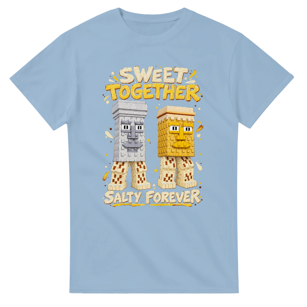 Light Blue t-shirt printed with Garama and Madundung and the words Sweet together, salty forever, front view