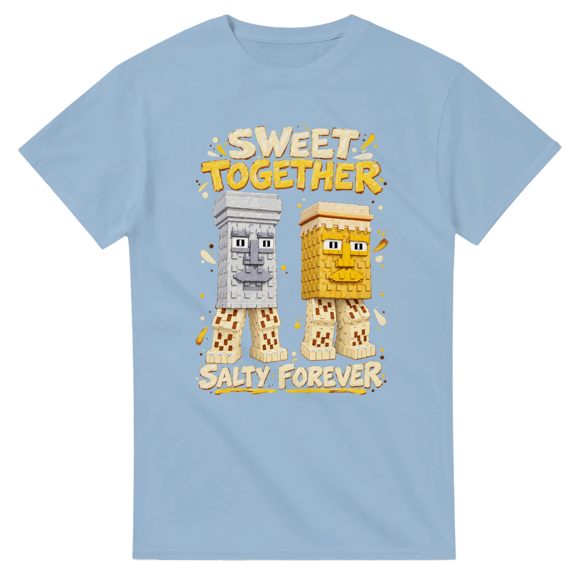 Light Blue t-shirt printed with Garama and Madundung and the words Sweet together, salty forever, front view