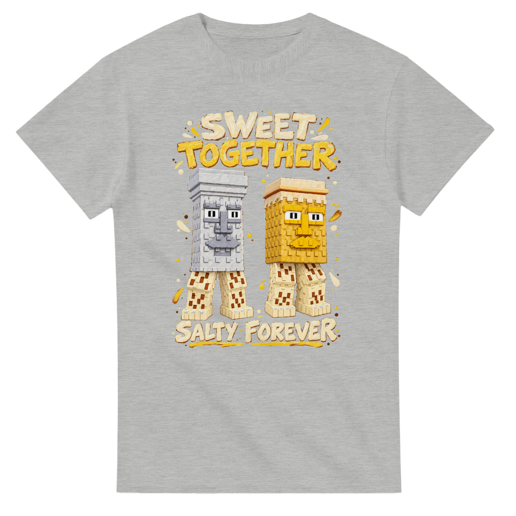 Ash t-shirt printed with Garama and Madundung and the words Sweet together, salty forever, front view