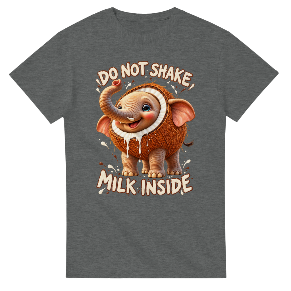 Graphite Heather t-shirt printed with Cocofanto Elefanto and the words Do not shake, milk inside, front view